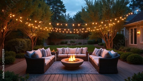 Outdoor patio features string lights, soft blankets. Warm glow fire pit is surrounded by cosy seating on chill twilight evening. Relaxing luxurious place with pillows on backyard for gathering.