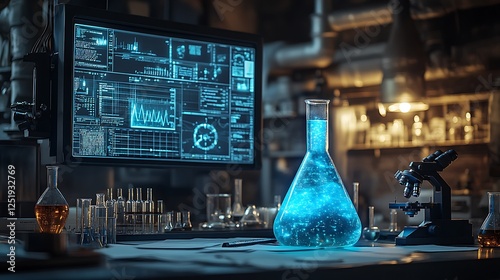 Wallpaper Mural A high-resolution image of a laboratory with a glowing blue flask resting beside research papers a microscope and a large data screen Torontodigital.ca