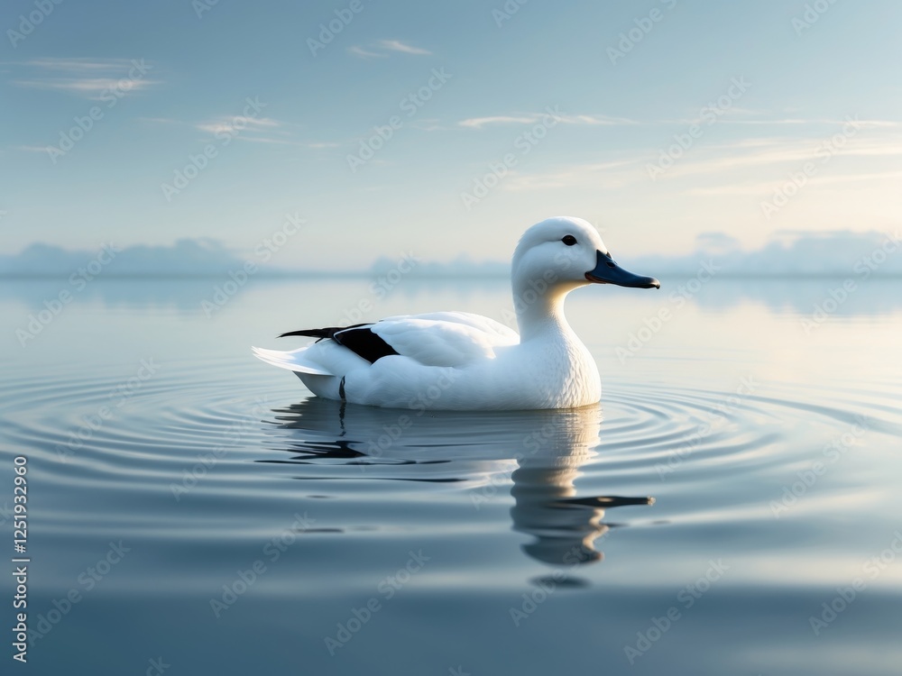 Serene white duck swimming in clear lake water with ample space for text and advertising purposes Serene white duck swimming in clear lake water with ample space for text and advertising purposes