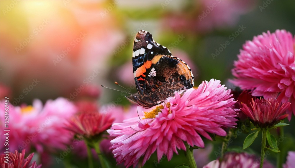Vanessa atalanta butterfly on pink flower in summer garden Vanessa atalanta butterfly on pink flower in summer garden