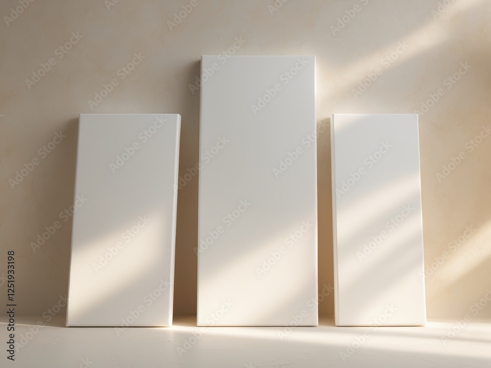 Three Empty White Canvases in Soft Natural Light with Gentle Shadows and Modern Composition.