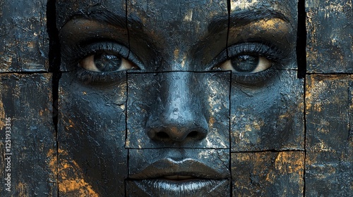 Abstract Face: A Textured Mosaic Portrait in Dark Blue and Gold