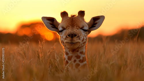 Baby giraffe sunset savanna grasses Africa wildlife
