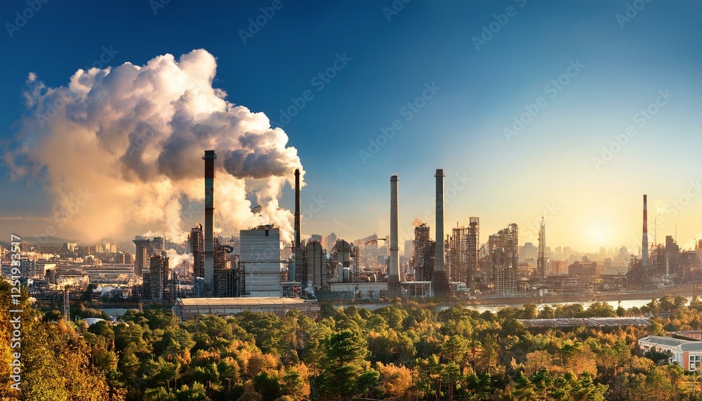 Obraz premium City skyline with smoking plant chimneys, cityscape panorama
