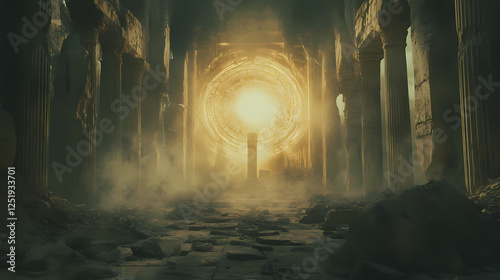 Bewitched artifact pulsing with power in a collapsed temple. Eldritch Temples. Illustration