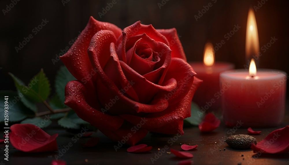 Valentine's Day, a close-up of a red rose with dew drops on the petals, soft lighting from a nearby candle, dark background. AI Generated Valentine's Day, a close-up of a red rose with dew drops on the petals, soft lighting from a nearby candle, dark background. AI Generated