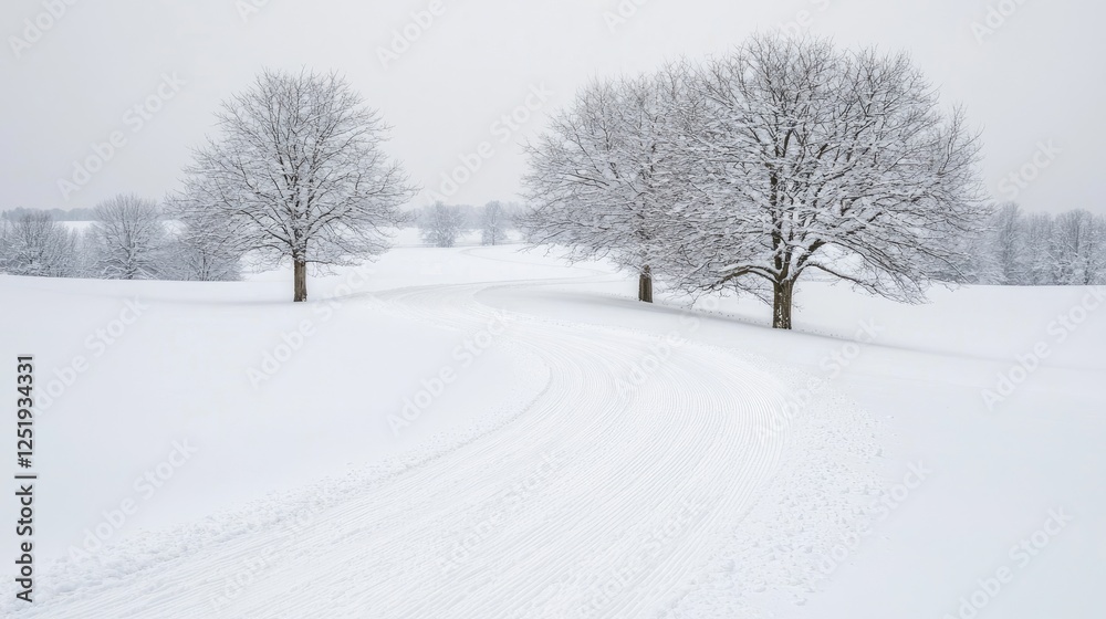 Fototapeta premium Snowy winter landscape with curving path and trees. Possible use Nature background