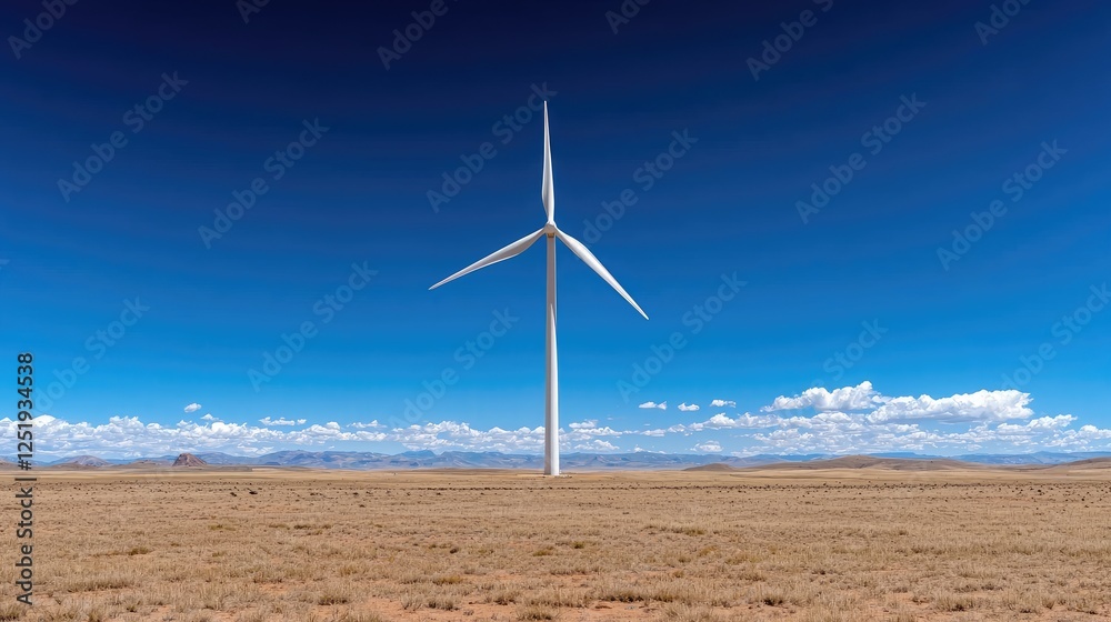 Wind turbine in desert landscape under clear blue sky. Possible use Stock photo for renewable energy, sustainability, and nature Wind turbine in desert landscape under clear blue sky. Possible use Stock photo for renewable energy, sustainability, and nature