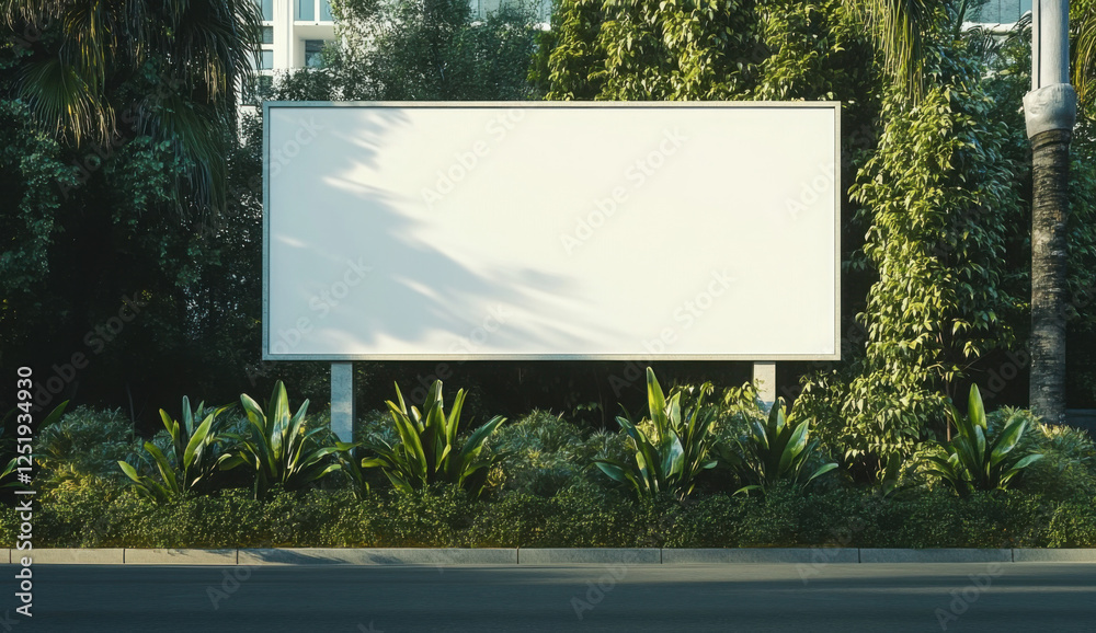 Fototapeta premium white blank screen sandwich board placed outdoor by green tree hedges Background,mockup template