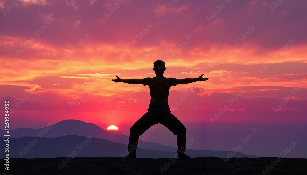 Fototapeta premium Lone person practicing yoga at vibrant sunrise, renewal and mindfulness