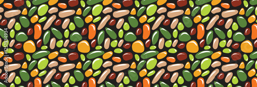 Round stone mosaic pattern. Multicolored pebbles on black. Abstract vector seamless background with green, brown and orange rounded elements. For interior, travel, beauty and spa, textile design