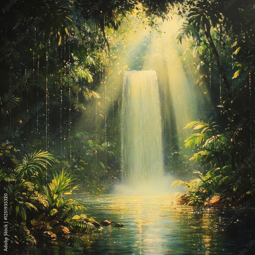 hidden jungle waterfall with sunlight streaming through the canopy, dewdrops on leaves, vibrant greens and soft golden tones hidden jungle waterfall with sunlight streaming through the canopy, dewdrops on leaves, vibrant greens and soft golden tones