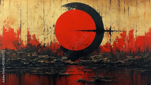 Abstract Landscape with Red Sun and Crescent Moon: A Mysterious and Dramatic Scene