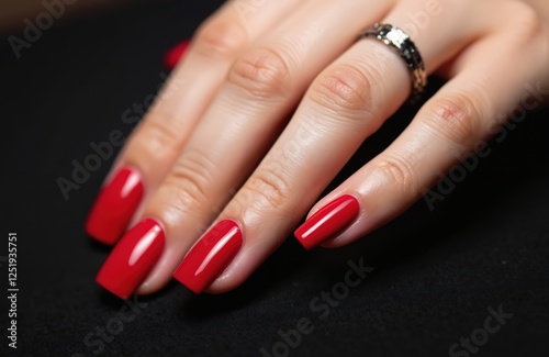 Close-up of woman hand with ring and long red nail polish on fingernails. Red manicure with gel polish in beauty salon. Nail art design. Feminine glamour stylish concept. photo