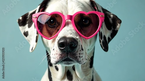 Cute Dalmatian in heart-shaped glasses. Valentine's Day card. Pink background. Funny dog close-up looking at the camera. High quality 4k footage