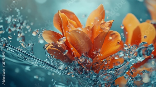 An orange flower creates stunning splashes of water under a vibrant light, illustrating the beauty and dynamism of nature in a vivid and artistic manner. photo