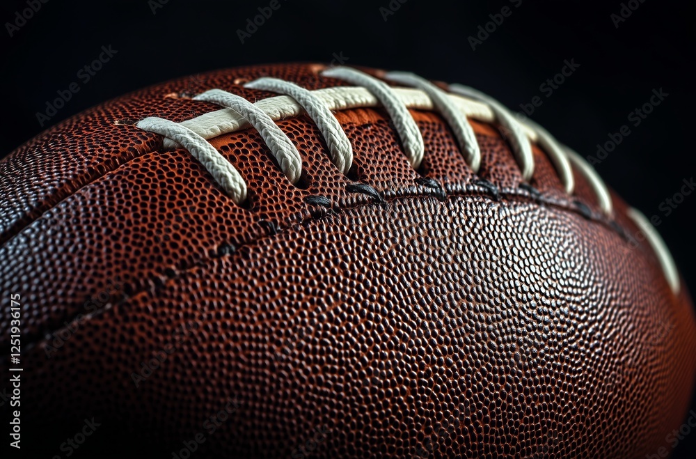 Close-up view of a textured American football with visible laces and stitching details