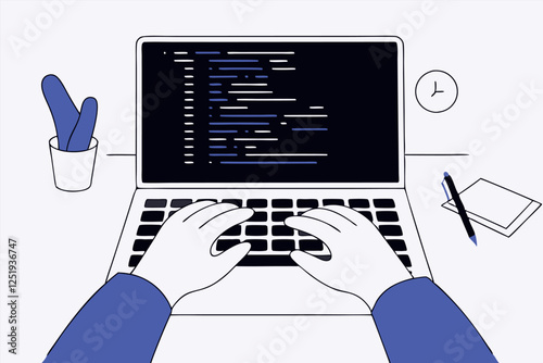 Programmer writes code on a laptop. Software development. Vector illustration