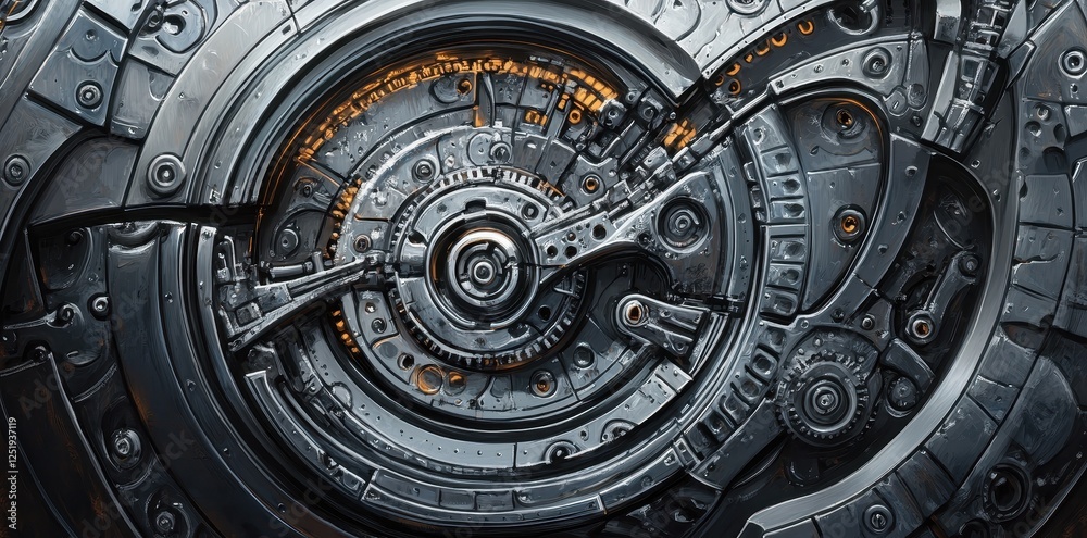 Fototapeta premium Complex metallic machinery features intricate circular and linear components