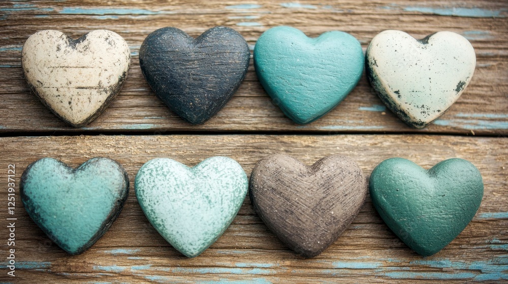 Obraz premium Row Of Painted Heart Decor On Rustic Wooden Background