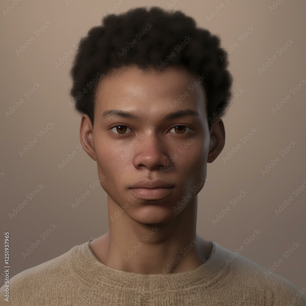 Obraz premium A highly detailed, hyper-realistic close-up portrait of an AI-generated human face. This digital artwork features lifelike skin textures, expressive eyes, and natural lighting.