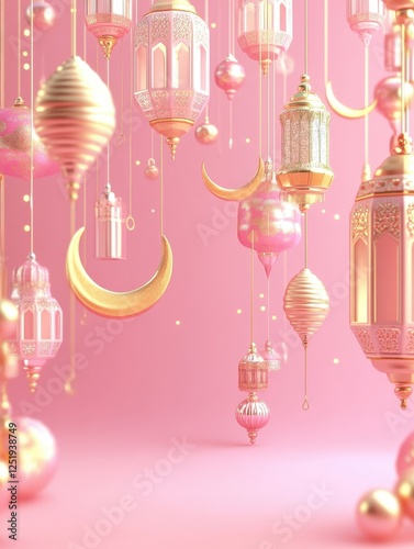 Elegant Pink and Gold Ramadan Lanterns Hanging Decorations Festive Islamic Background