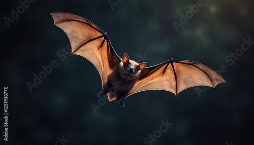 Illustration of serotine bat flying in dark sky. Mammal has big wings. Bat flying at night. Wildlife concept. Predatory animal hunting insects, invertebrate, pests. photo