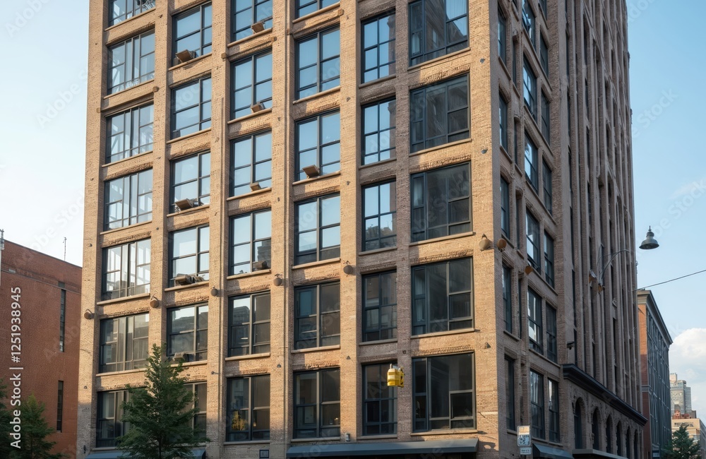Sturdy brick building stands tall with lot of windows, representing commercial real estate. Urban cityscape stability, permanence, strength. Architecture with facade investment, durability, Sturdy brick building stands tall with lot of windows, representing commercial real estate. Urban cityscape stability, permanence, strength. Architecture with facade investment, durability,