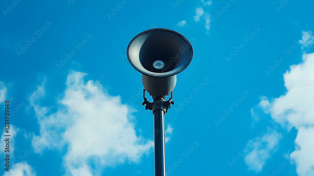 A loudspeaker on a pole used for signaling at a public event A loudspeaker on a pole used for signaling at a public event
