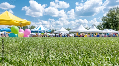 Sunny park fair, tents, balloons, families