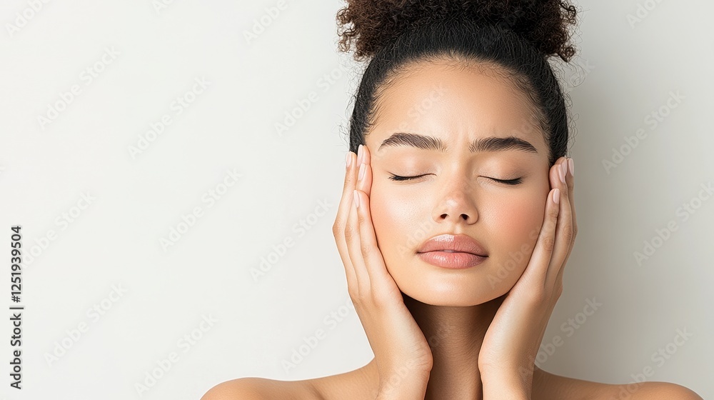 Beautiful young woman with closed eyes gently touching her face, enjoying a moment of peace and relaxation Beautiful young woman with closed eyes gently touching her face, enjoying a moment of peace and relaxation