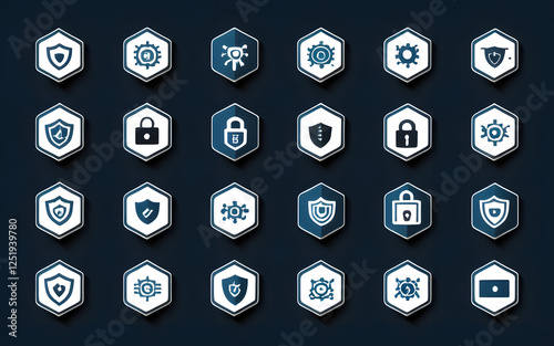 Collection of cybersecurity icons representing security, protection, and hacking prevention
