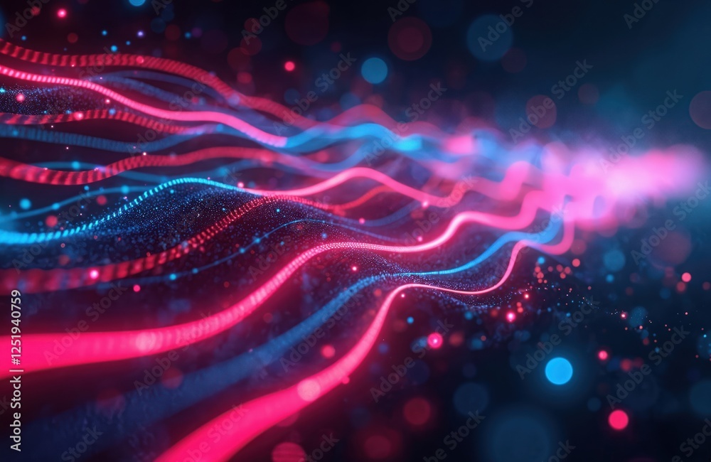 Illustration features abstract futuristic background with pink, blue glowing neon moving high speed wave lines, bokeh lights. Data transfer concept. Fantastic wallpaper, design with digital motion, Illustration features abstract futuristic background with pink, blue glowing neon moving high speed wave lines, bokeh lights. Data transfer concept. Fantastic wallpaper, design with digital motion,