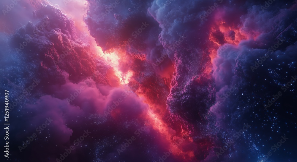 Stunning view of vibrant cosmic clouds illuminated by deep purples and fiery reds in outer space Stunning view of vibrant cosmic clouds illuminated by deep purples and fiery reds in outer space