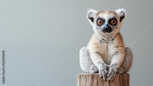 Ring-tailed lemur sitting on wooden stump against neutral background, showcasing expressive eyes and distinctive fur pattern. Wildlife portrait concept
