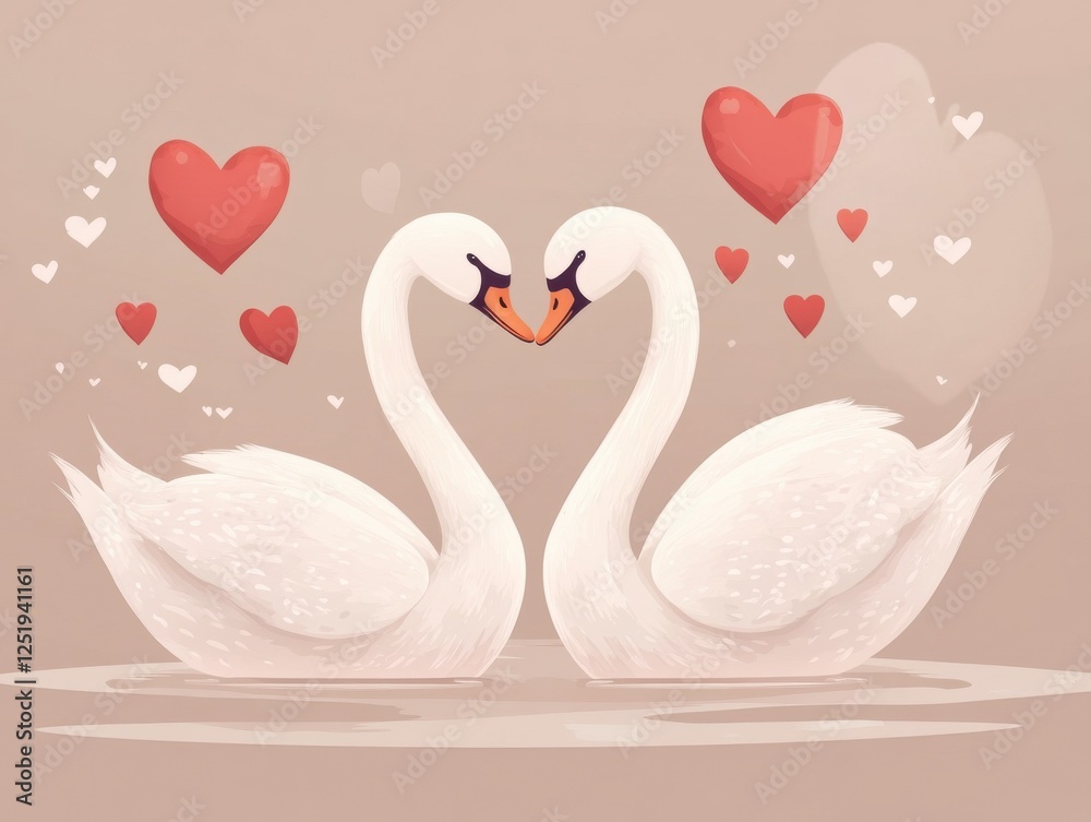 Fototapeta premium Two White Swans Facing Each Other With Red Hearts