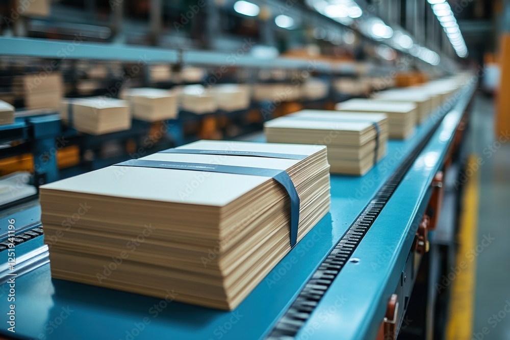 Stacks of paper on a conveyor belt in an industrial setting. Stacks of paper on a conveyor belt in an industrial setting.