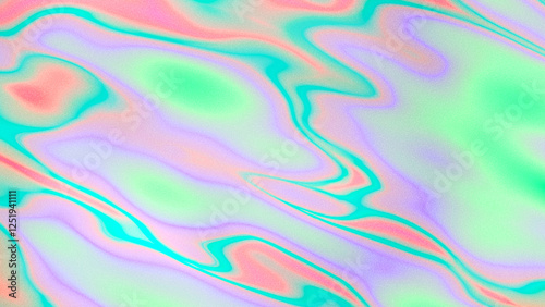 Psychedelic abstract background with pastel neon rainbow multicolor gradient wave in light green cyan peach orange lilac purple violet. Fluid texture. Liquid substance. Flowing surface. Grainy noise