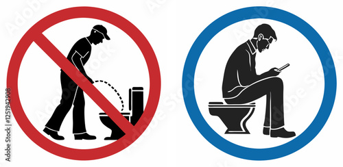 Men's restroom etiquette signs illustrating do's and don'ts in a minimalist design