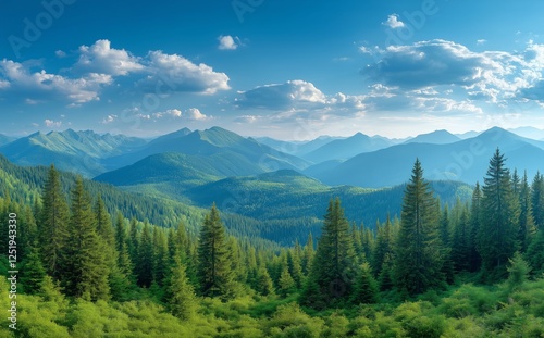 Lush green mountains under a clear blue sky in a serene natural landscape