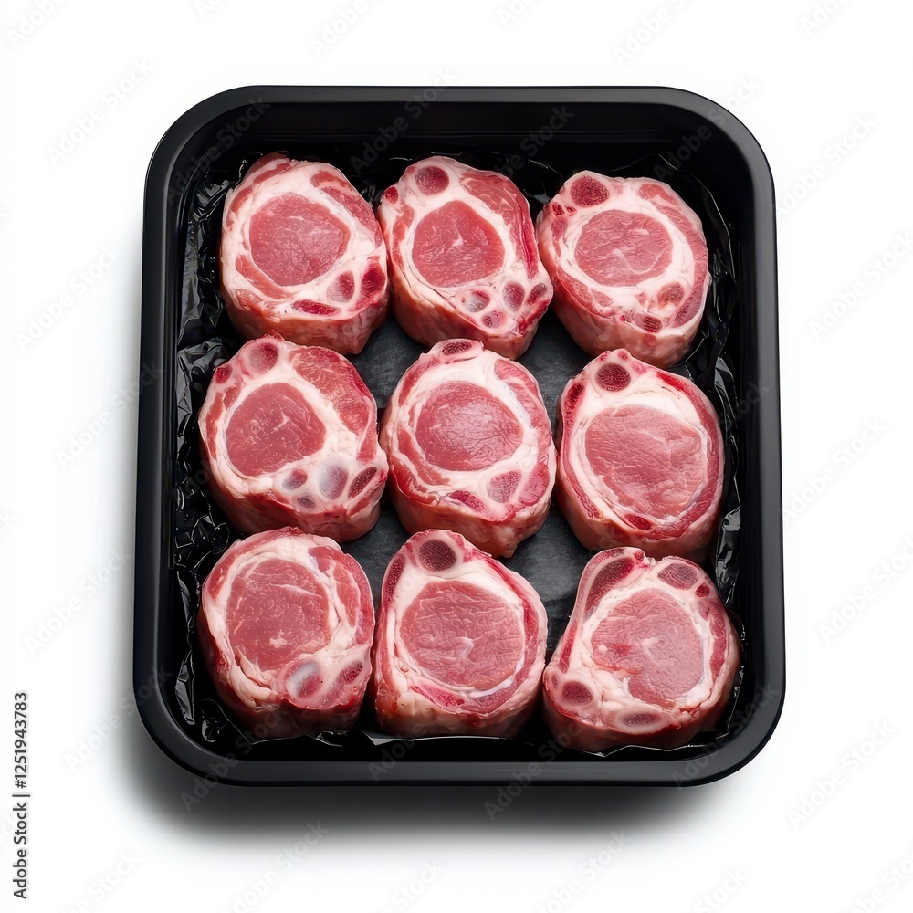 Fresh meat in a black container. A tray filled with neatly arranged, raw meat chops, showcasing their marbled texture and bone-in presentation. Fresh meat in a black container. A tray filled with neatly arranged, raw meat chops, showcasing their marbled texture and bone-in presentation.