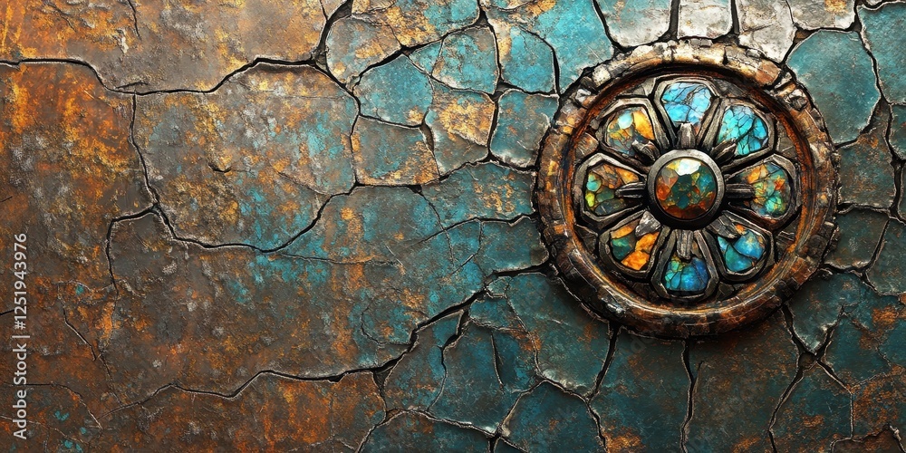 Fototapeta premium Decorative medallion inlaid within a distressed cracked stone surface