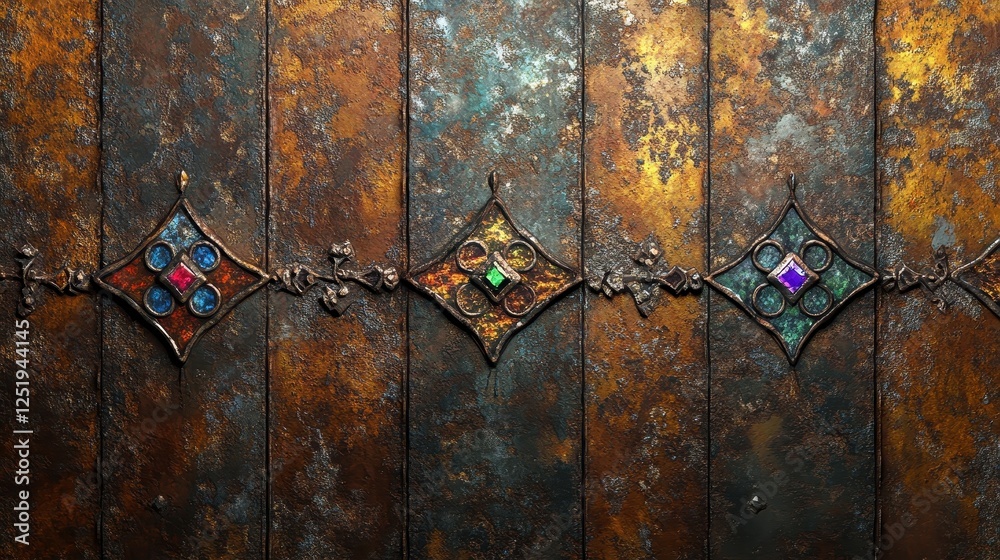 Decorative rusted metal panels with gemstones and ornate embellishments