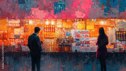 Captivating Night Scene at a Vibrant Storefront: Two Figures Amidst the Glow of City Lights