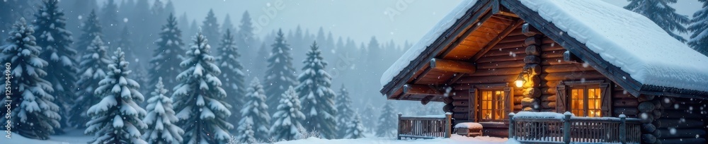 Snowflakes gently falling on wooden cabin roof, snowy forest, snowfall