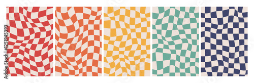 Groovy Checkered Background set. Retro Twisted Templates. Waves Trippy Grid. Trendy Hippie aesthetic psychedelic 1970s