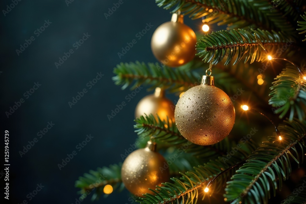 Sparkling Christmas tree with gold ornaments illuminated against a string of twinkling lights, Twinkling Lights, Gold Baubles, Sparkling Decor Sparkling Christmas tree with gold ornaments illuminated against a string of twinkling lights, Twinkling Lights, Gold Baubles, Sparkling Decor