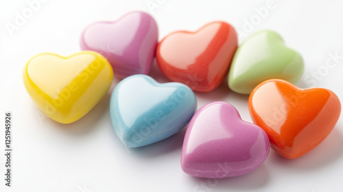 Colorful hearts with inspirational candy quotes arranged symmetrically on a bright surface create a cheerful, minimalist display perfect for uplifting moods and celebrations photo