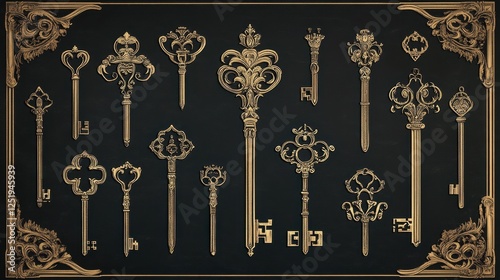 Ornate antique keys displayed in a decorative gold frame