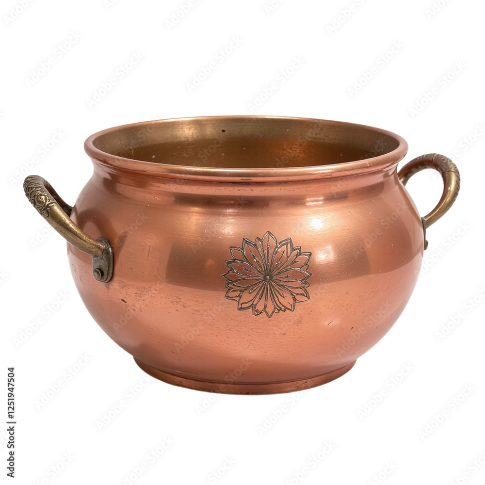 A copper bowl with brass handles and an etched flower design. Cut out background. A copper bowl with brass handles and an etched flower design. Cut out background.